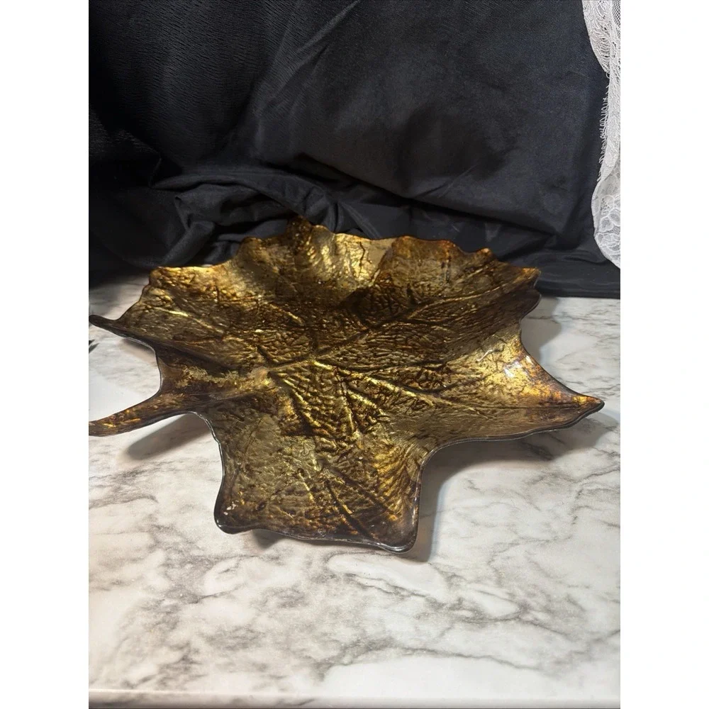 VTG Maple‎ Leaf Glass And Metal Dish Tray Fall Decor (P2914)